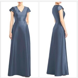 NWT Alfred Sung Cap Sleeve V-Neck Satin Gown with Pockets Silverstone Size 4
